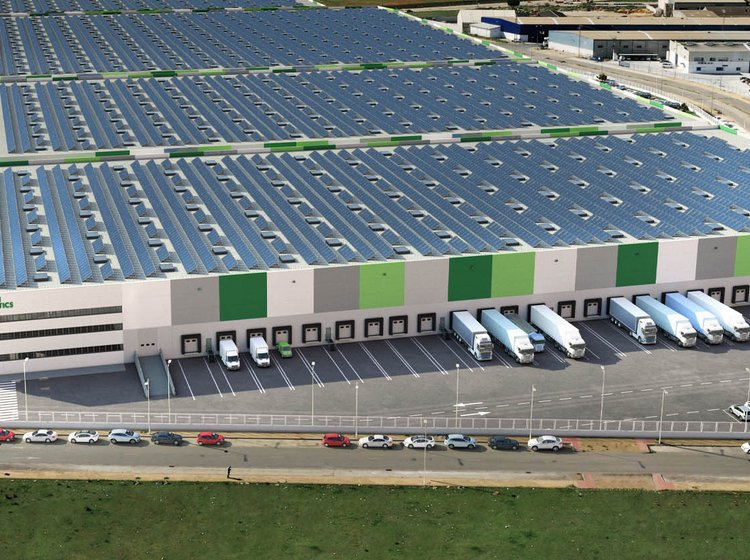 A green logistics park with solar panels on the roof